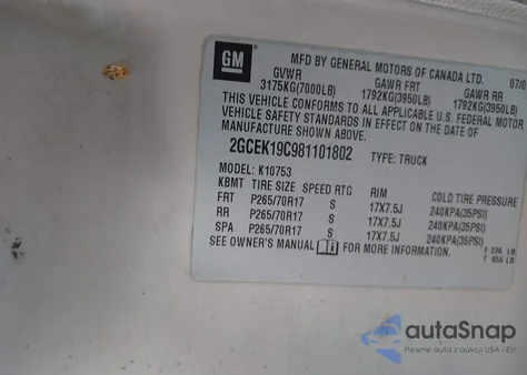 2008 Chevrolet Silverado 1500 Lt1 z USA, uszkodzony, nr VIN 2GCEK19C981101802